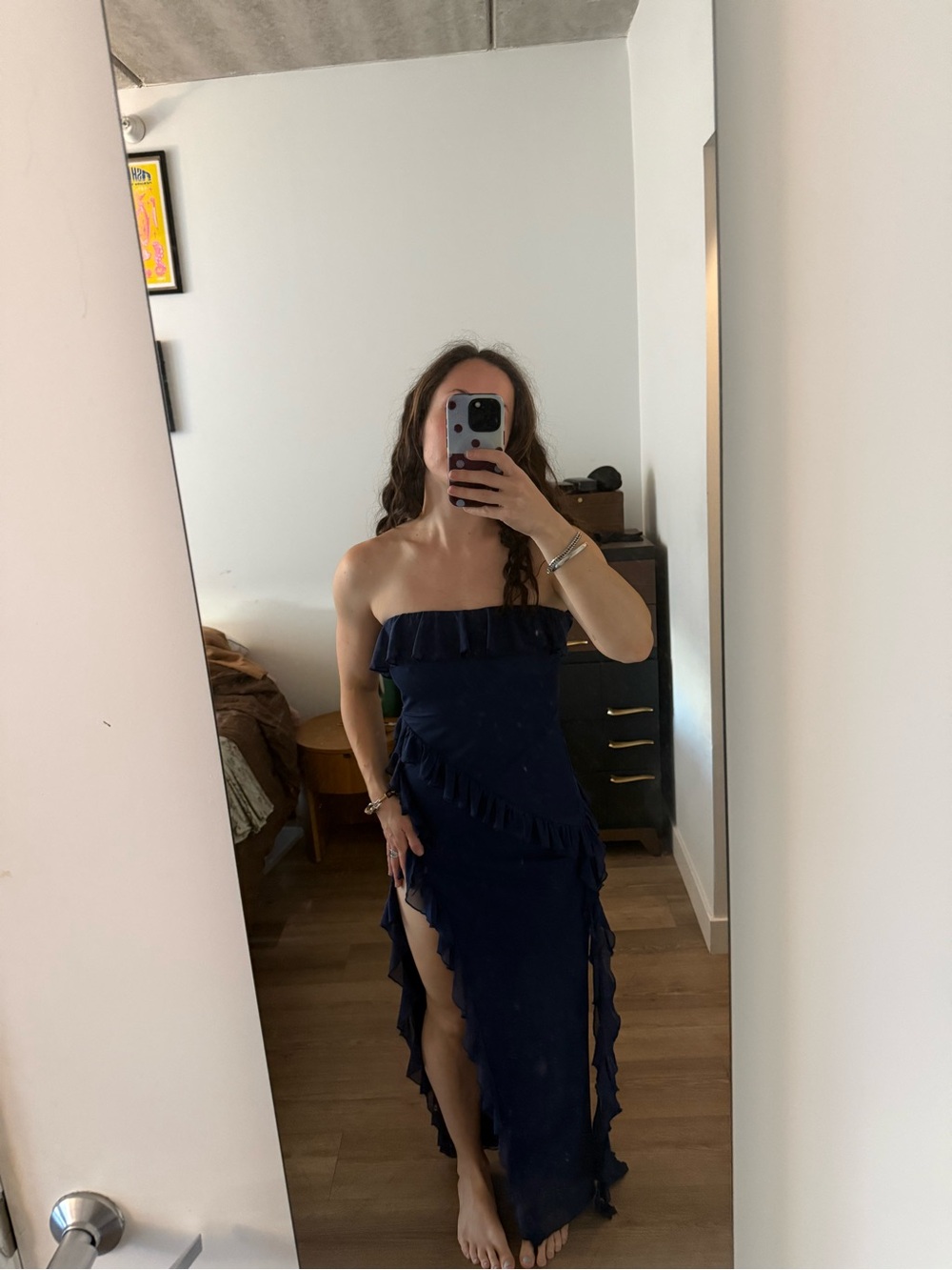 Oh Polly Navy Strapless Ruffle Maxi Dress